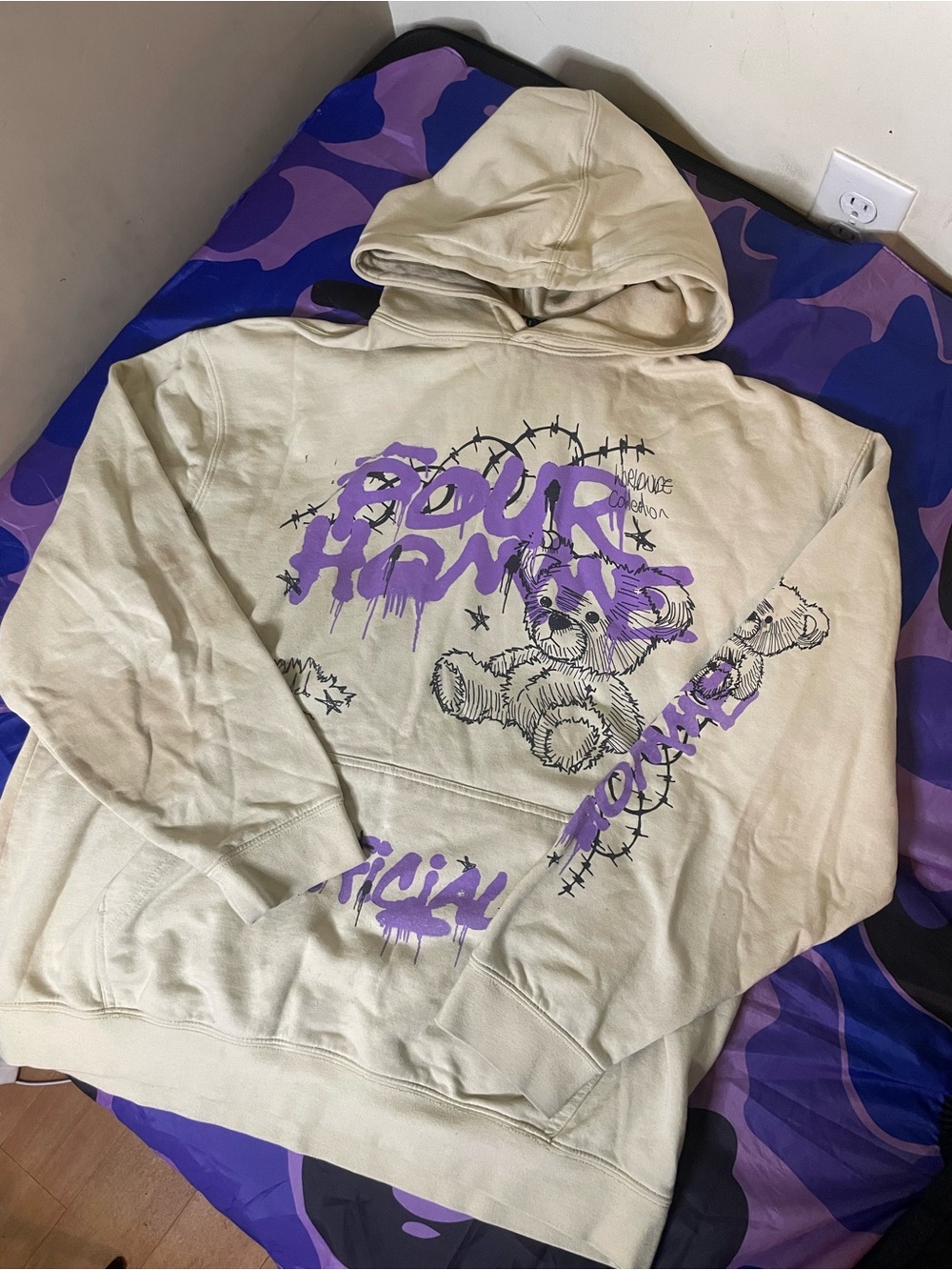 Cream Crewneck Hoodie with Purple Graphic Teddy Design